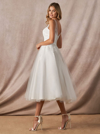 ホワイトシンプルなウェディングドレスAラインVネックノースリーブバックレスレースブライダルドレス