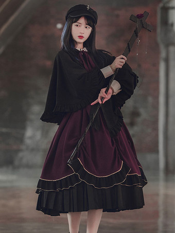 Robe classique Lolita OP à volants bordeaux à manches longues et motif de blocs de couleurs Robe noire une pièce Lolita