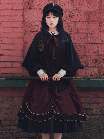 Lolita nero Poncho in poliestere ricamato color block Winter Lolita Outwears