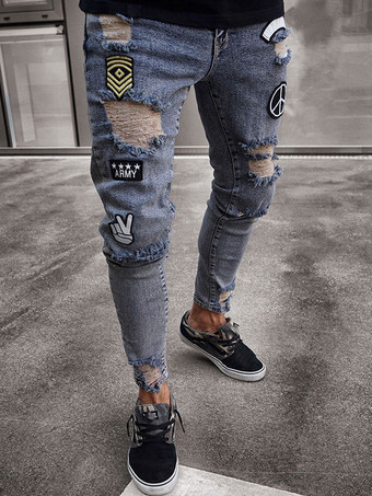 Jeans para hombres Jeans para hombres Diseño antiguo desgastado elegante Skinny Light Sky Blue Deep Blue
