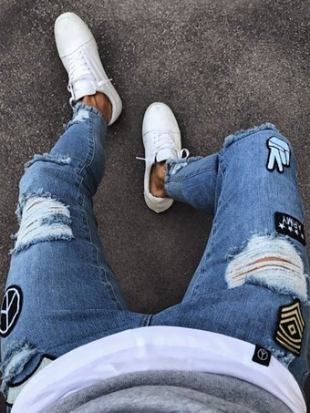 Jeans para hombres Jeans para hombres Diseño antiguo desgastado elegante Skinny Light Sky Blue Deep Blue