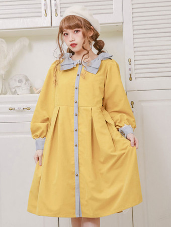 Lolita Coats Yellow Bows Manga Longa Sobretudo de Poliéster Outwears Lolita Outwears