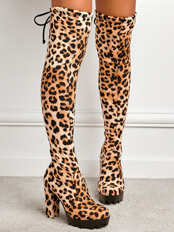 ニーブーツの上の女性分厚いヒールヒョウ柄マイクロスエード上腿ハイブーツ