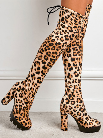 ニーブーツの上の女性分厚いヒールヒョウ柄マイクロスエード上腿ハイブーツ