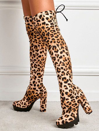 ニーブーツの上の女性分厚いヒールヒョウ柄マイクロスエード上腿ハイブーツ