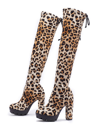 ヒョウ柄ニーブーツの上の女性分厚いヒールヒョウ柄マイクロスエード上腿ハイブーツ