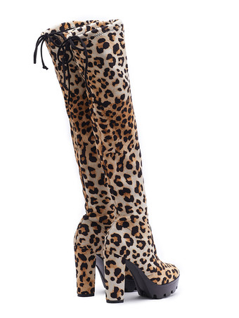 ニーブーツの上の女性分厚いヒールヒョウ柄マイクロスエード上腿ハイブーツ