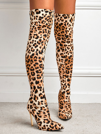 レディース ヒョウ柄 スティレットヒール オーバーニーブーツ
