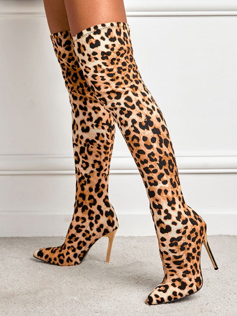 レディース ヒョウ柄 スティレットヒール オーバーニーブーツ