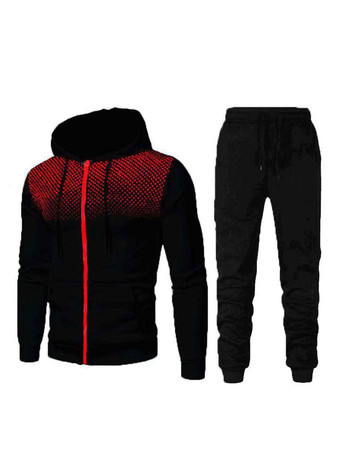 Black Men Activewear 2-Piece Set Printed Long Sleeves Hooded White Activewear Outfit