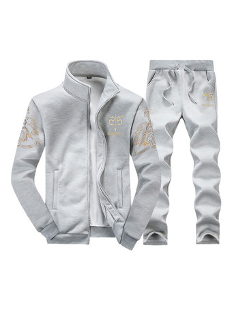 gris clair Ensemble 2 pièces de vêtements de sport pour hommes Illustration à manches longues et col montant Tenue de sport bleu marine foncé