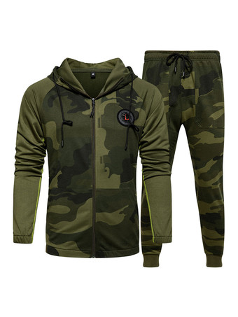 verde cazador Conjunto de 2 piezas de ropa deportiva para hombre  manga larga de camuflaje  con capucha  traje deportivo gris