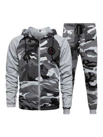 GrisConjunto de 2 piezas de ropa deportiva para hombre  manga larga de camuflaje  con capucha  traje deportivo gris