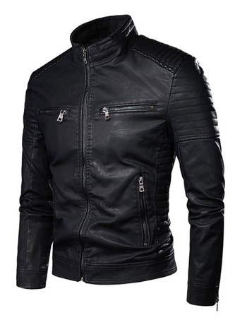 negro Chaqueta de piel sintética para hombre con cremallera informal cortavientos chaqueta de motociclista abrigo de motociclista
