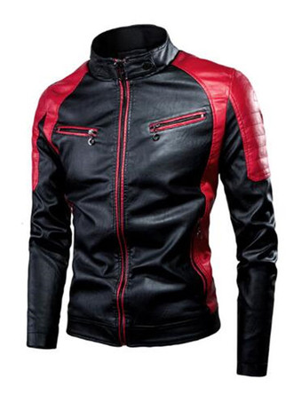 ワインレッド メンズ レザージャケット PUレザー ウィンドブレーカー ブラック パッチワーク 冬用コート