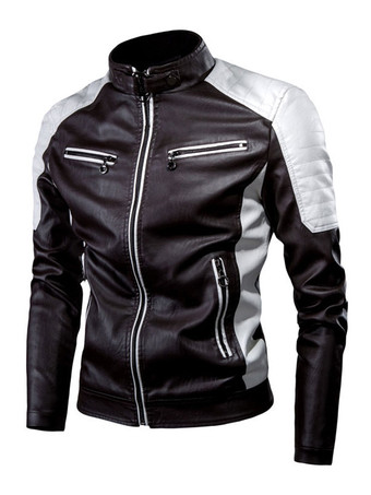 ディープブラウンメンズ レザージャケット PUレザー ウィンドブレーカー ブラック パッチワーク 冬用コート