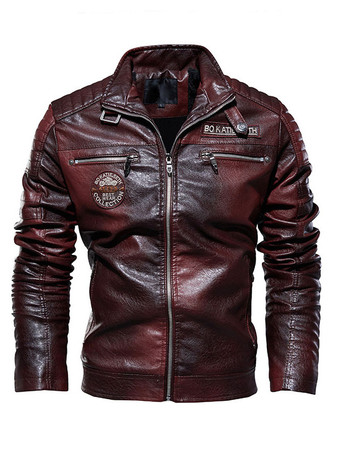 Leather Jacket For Man Chic Windbreaker Winter Burgundy Stylish Overcoat