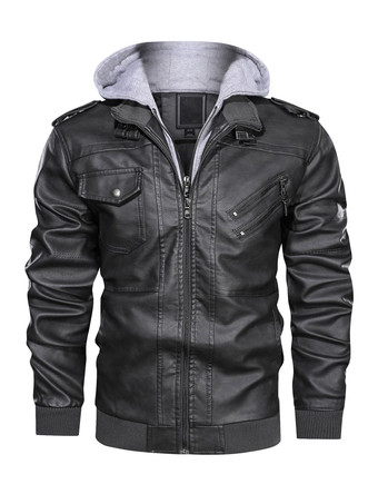 ブラック メンズ モーターサイクル レザージャケット ジップアップ フード付きレザージャケット