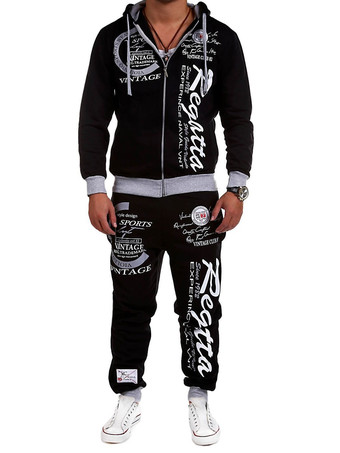 GrisHombres ActiveWear Palabras de 2 piezas Imprimir mangas largas con capucha azul