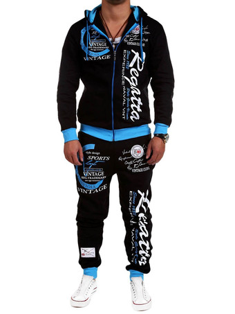 azul Hombres ActiveWear Palabras de 2 piezas Imprimir mangas largas con capucha azul