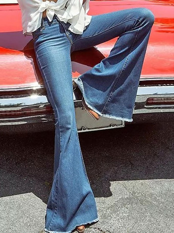 女性のためのジーンズファッションベルボトムジッパーフライボタンフライブルーデニムパンツ