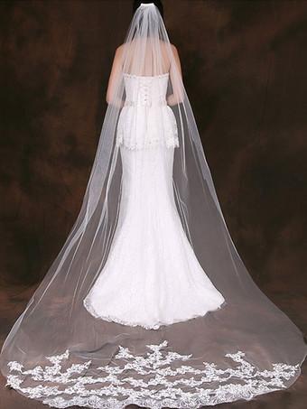 milanoo.com Ivory Wedding Veils One-Tier Lace Tulle Finished Edge Waterfall Bridal Veil