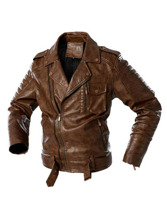 Deep BrownMen's Faux Leather Jackets Stylish Windbreaker Notch Lapel Coats