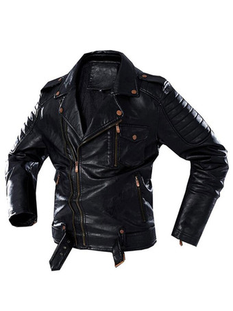 Black Men's Faux Leather Jackets Stylish Windbreaker Notch Lapel Coats