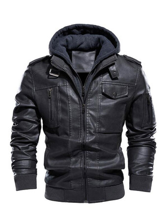 ダークグレー メンズレザージャケット ジッパーポケット ウィンドブレーカー フード付きコート