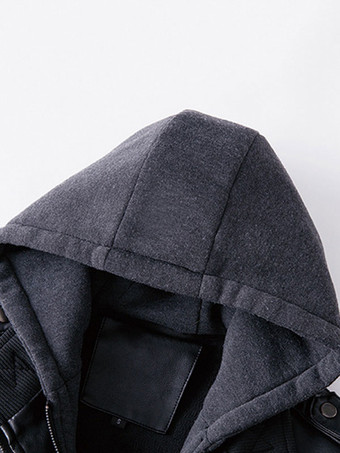 メンズレザージャケット ジッパーポケット ウィンドブレーカー フード付きコート