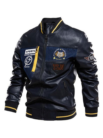 メンズレザージャケット シンプルジッパープリントスタンドカラーウィンドブレーカーボンバージャケット