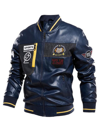 メンズレザージャケット シンプルジッパープリントスタンドカラーウィンドブレーカーボンバージャケット