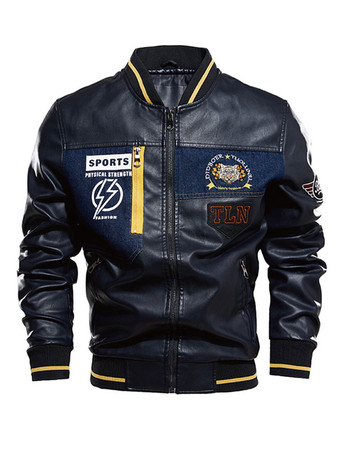 ブラック メンズレザージャケット シンプルジッパープリントスタンドカラーウィンドブレーカーボンバージャケット