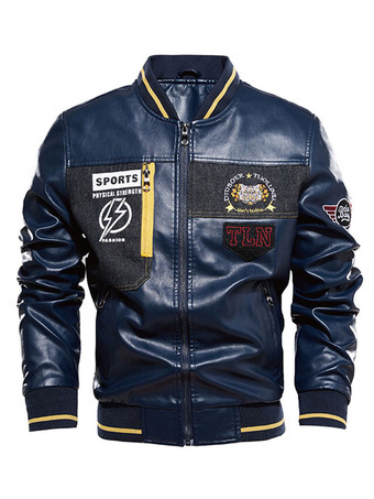 ネイビーブルーメンズレザージャケット シンプルジッパープリントスタンドカラーウィンドブレーカーボンバージャケット