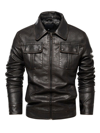 MarroncinoGiacche in finta pelle da uomo giacche vintage da moto con cerniera e tasche