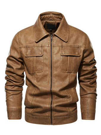 Marrone Giacche in finta pelle da uomo giacche vintage da moto con cerniera e tasche