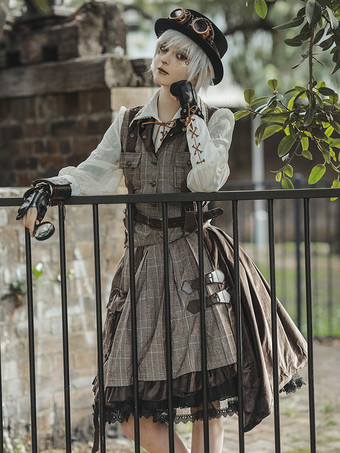 ロリータ オーバードレス スチームパンク ロリータ SK インファンタ コーヒー ブラウン メタル ディテール コットン ブレンド ベロア 衣装