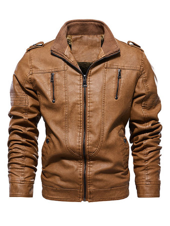 Coffee BrownLeather Jacket for Men Zipper Windbreaker Long Sleeve Moto Jacket