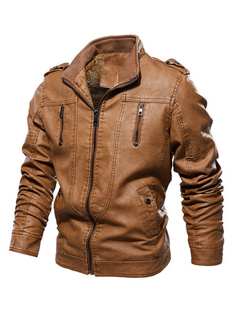 Leather Jacket for Men Zipper Windbreaker Long Sleeve Moto Jacket