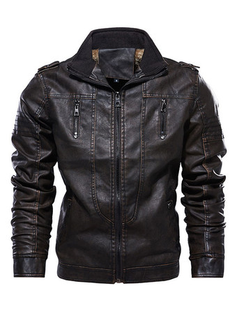 Deep BrownLeather Jacket for Men Zipper Windbreaker Long Sleeve Moto Jacket