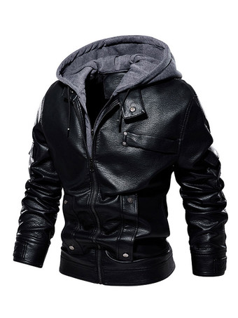 メンズレザーフード付きジャケット 快適なジッパー カラーブロック モトボンバージャケット