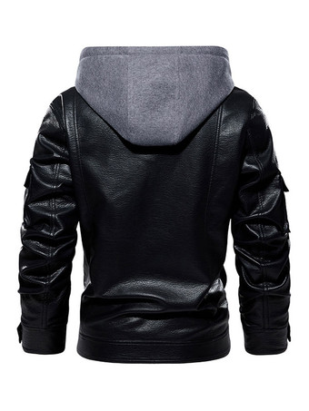 メンズレザーフード付きジャケット 快適なジッパー カラーブロック モトボンバージャケット