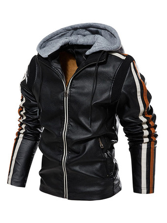 メンズレザージャケット フード付き 快適 ジッパー カラーブロック モトボンバージャケット