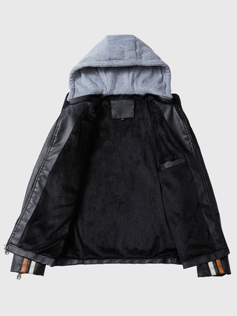 メンズレザージャケット フード付き 快適 ジッパー カラーブロック モトボンバージャケット