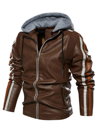 メンズレザージャケット フード付き 快適 ジッパー カラーブロック モトボンバージャケット
