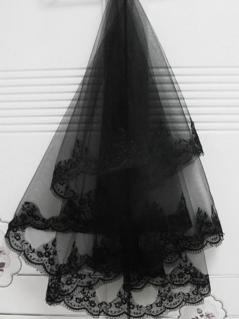 ブラックウェディングベールプリーツクレープクラシックロングブライダルベール