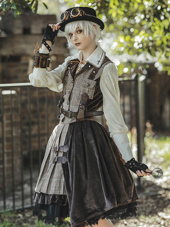 ロリータ上着 パンクなロリータ カーディガン王子スタイル コットン ブレンド ベロア メタル ディテール ブラウン ラブリー