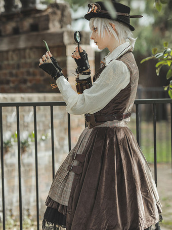 ロリータ上着 パンクなロリータ カーディガン王子スタイル コットン ブレンド ベロア メタル ディテール ブラウン ラブリー