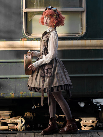 ロリータ上着 パンクなロリータ カーディガン王子スタイル コットン ブレンド ベロア メタル ディテール ブラウン ラブリー