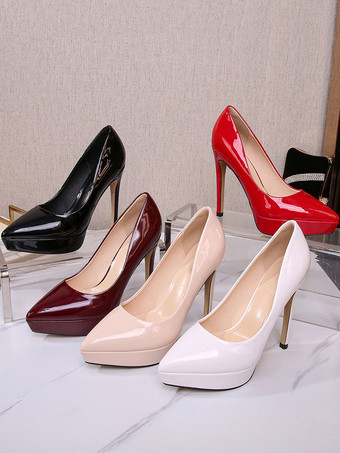 ハイヒール ポインテッドトゥ スティレットヒール PUレザー スリップオン プラスサイズ 女性 ブラック